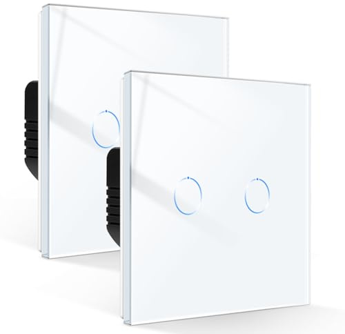 CNBINGO Touch Lichtschalter,Glas Lichtschalter Unterputz 2 Fach 2 Weg Wandschalter mit Glasrahmen 86mm Touch Schalter,Weiß,2 PCS