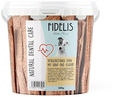 Fidelis - Vital tuggstång kyckling med hampa och yoghurt - funktionella tandvårdssnacks för hundar 500 g hink - Lufttorkad av 100 % naturliga råvaror - Hundgodis som mellanmål för tandhygien