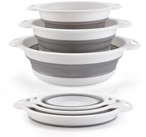 Surwin Scolapasta Pieghevole Salvaspazio, 3 Pezzi Scolapasta Silicone Verdura Cesto Plastica Silicone Pieghevole, per Drenare Pasta, Verdura, Frutta (Bianco)