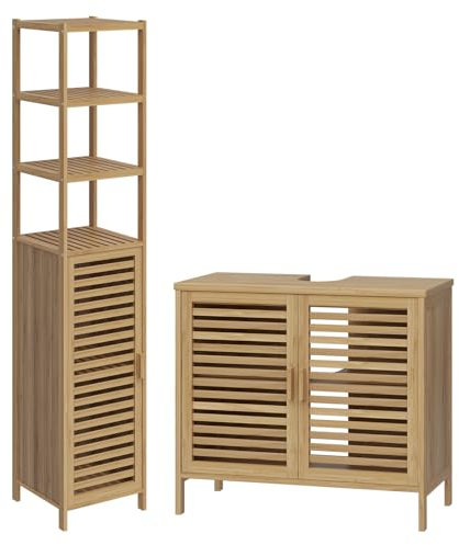 Bellamio Newa Badmöbel-Set – Waschbeckenunterschrank mit 2 Fächern & Hochschrank mit 5 Fächern – Badezimmermöbel aus Bambus lackiert – Badezimmer Unterschrank Holzoptik – Bambusregal/Badregal hoch