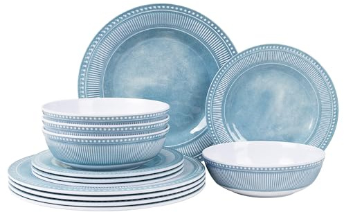 AELS Melamin-Geschirr-Set, 12-teilig, Geschirr-Set für drinnen und draußen, Melaminteller und Schüssel-Set für 4 Personen, spülmaschinenfest, leicht, unzerbrechlich, BPA-frei, Blau