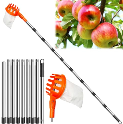 Koyata Fruit Picker Apple Picker with 10 Sections 4.2M Long Telescopic Handle,Fruit Picking Tool with Fabric Bag Holder, Adjustable Head, Lightweight Apple Tree Picker Tool, Easy to Assemble