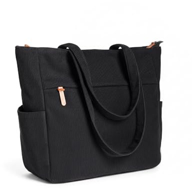 szyanlai Corduroy Tote Bags for Women Large Tote Bag with Zipper Shoulder Bags Handbags for College School Work Shopping Travel (Black, L)