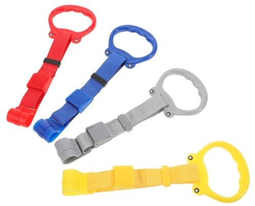 TOYANDONA Lot de 4 Anneaux de Traction Réglables pour Bébé Accessoires pour Parc et Lit Bébé Support D’Apprentissage Marche Matériel Léger en PP et Nylon Couleurs Rouge Jaune Bleu Gris