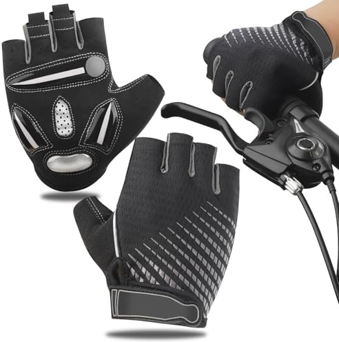 JTENG Gants de vélo d'été demi-doigts avec rembourrage en gel pour homme et femme, résistants aux chocs, respirants, antidérapants pour moto, vélo (gris, XS)