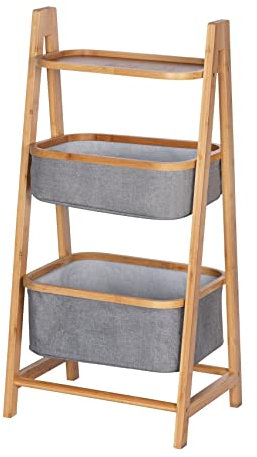 WENKO Haushaltsregal Bahari, hochwertiges Regal aus nachwachsendem Bambus mit 2 großen offenen Körben aus 100% grauem Polyester und Einer Ablage für zusätzlichen Stauraum, 44 x 91 x 34 cm, Natur/Grau