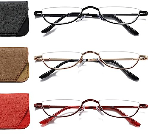 Hubeye Lot de 3 paires de lunettes de lecture demi-lune en métal fin demi-monture ultra mince avec charnières à ressort pour homme et femme 3,50