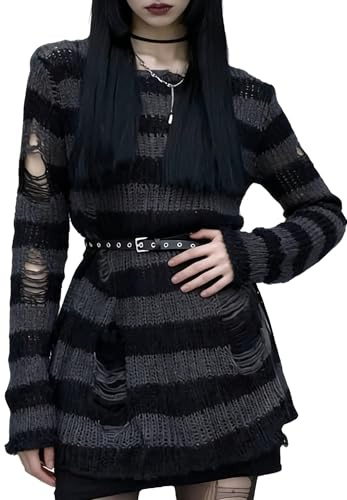 URAWESO Goth Y2K randig tröja rippade punk gotiska långa tröjor för kvinnor Harajuku estetisk halloween pullover toppar, URAWESO-Grå och Svart, Small-Large