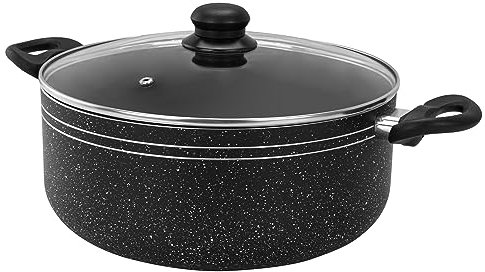 Royalford Casserole Dish with Tempered Glass Lid | Cooking Pot, Induction Stockpot Saucepan with Non-Stick Coating | Aluminium Cookware, Suitable for Multiple Hobs | Black (26 Cm)