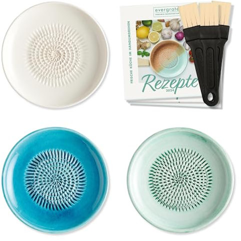 evergrate Keramikreibe 3er Verschenkset - Cremeweiß, Türkis, Mint mit Küchenpinseln und Rezeptheften