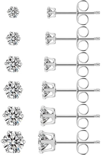 Ringcal 6 Pairs Stainless Steel Stud Earrings Set Hypoallergenic Cubic Zirconia 14K White Gold CZ Earrings for Women (6pairs-Silver)