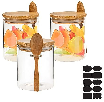 3 recipientes de cristal con tapa: 530 ml tarros de almacenamiento con tapa y cuchara, tarros de cristal con tapa, herméticos, tarros de especias, lata de café, azucarero, etiqueta, enviar
