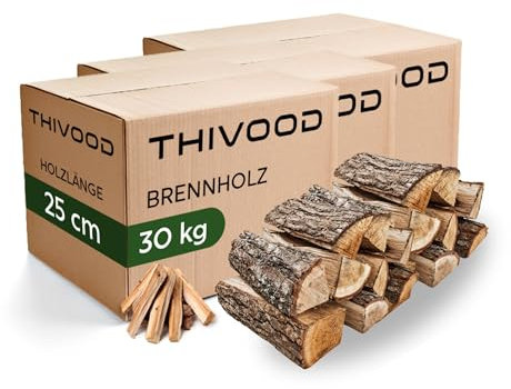 THIVOOD Brennholz 25 cm - Buchenholz & Eichenholz - Premium Feuerholz inklusive Anzündholz - trockenes 90 KG Hartholz mit unter 18% Restfeuchtigkeit - Ofenfertiges Kaminholz für Zuhause & Outdoor