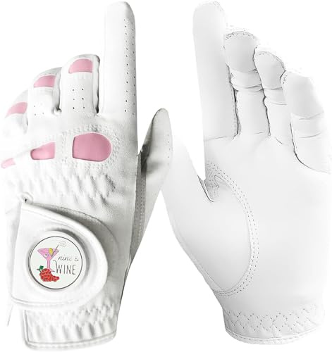 Golf Handschuhe Damen Frauen Linke Hand Rechts mit Extra Mode Ball Marker 1-Pack, Leder Golf Handschuh für Links Rechtshänder Golfer Allwetter für Mädchen Verbesserter Grip Sport (Weiß, XL, Rechts)