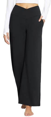 baleaf Weite Hose Damen Yogahose mit Taschen Stoffhose Hohe Taille Jogginghose Straighthose Bauchkontrolle Schlaghose Sporthose Schwarz 3XL
