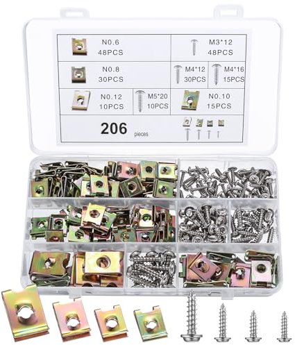 206 Pcs Auto Screw and Nut Clip Kit, Metal U Clips and Car Body Undertray Fender Screws, Metal Retainer Clips and Self Tapping Screws and U-type Fastener Clip for Car Bumper Door Trim