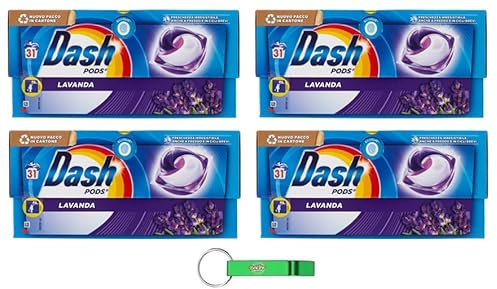 4 x Dash Pods Lavanda Lavanda Detersivo in Capsule, 31 lavaggi – Garantiscono una pulizia impeccabile contro le macchie + portachiavi Beni Culinari