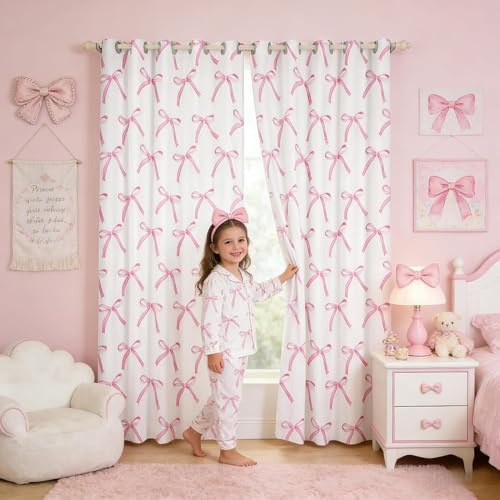 Cartoon Bowknot Kids Blackout Curtains,Pink Bow Tie Butterfly Knot Princess Window Drapes for Girls Women,Watercolor Bow Patchwork Pink White Window Treatments Grommet Top 2 Panel Set,46Wx72L inch