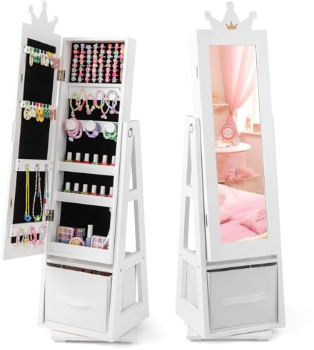FANTASK Armoire à bijoux 3 en 1 pour enfants - Pivote à 360° - Avec miroir pleine longueur et panier de rangement - Blanc - Étagère à bijoux - Miroir de maquillage en forme de couronne - Pour enfants