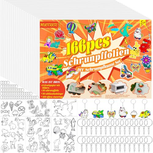Gushu 166 Stück Schrumpffolie Set zum Basteln einschließen 30 A5-Schrumpffolie,30 Schlüsselanhänger,100 Schnalle,6 Blatt bedrucktes Papier mit Bildern DIY-Schlüsselanhänger für Kinder