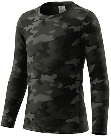 LANBAOSI Maglietta Termica Base Layer per Bambini Ragazzi T-Shirt a Maniche Lunghe Calcio Biancheria Intima Top, Verde mimetico, 14 anni