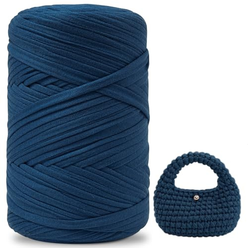 iEGrow 400g T Shirt Yarn for Crocheting 140m, Chunky Yarn for Hand Knitting, Yarn for Crochet,Polyester Ribbon for Crochet Bag, Blanket, Basket, DIY Crafts, Home Decor Denim Blue
