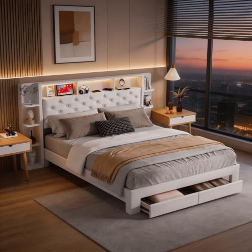 Lit Double 160x200cm avec Table de Chevet,Lit de Rangement avec 2 Tiroirs, Tête de Lit avec Éclairage LED et Chargement USB, Dossier rembourré en Velours, Confort et Design Moderne
