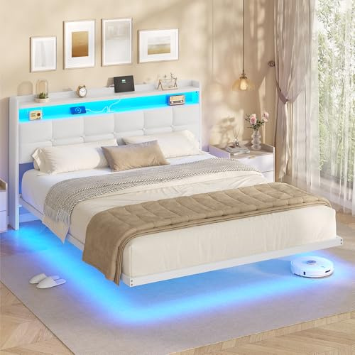 AOGLLATI Polsterbett 160x200 cm, Doppelbettgestell, Bettrahmen mit LED-Beleuchtung und Ladestation, Bettgestell mit Kopfteil, Bett Schwebebettrahmen, Metallbett, Pu, Modern, Weiß (ohne Matratze)