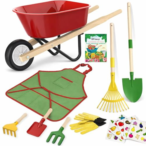 Qtioucp Juego de carretilla para niños con herramientas de jardinería al aire libre, jardín para niños y niñas de 3 a 8 años, con pala, rastrillo, rastrillo de hojas, regalos de cumpleaños de Pascua
