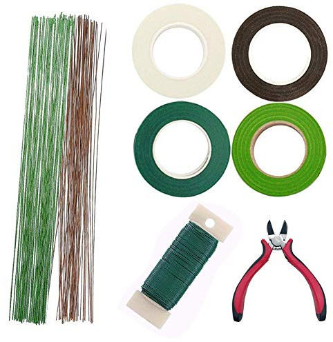 Woohome Verktygssats för blomsterarrangemang med avbitartång, grönt blomtejp på 0,45 mm (26 gauge), grön, mörkbrun och vit skafttråd och spoltråd på 0,7 mm (22 gauge) för bukett, florist