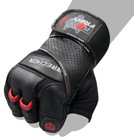 FOX-FIGHT Fitnesshandschuhe Trainingshandschuhe Kraftsport Damen Herren Leder Handschuhe Bodybuilding Sporthandschuhe mit Handgelenkbandage für Krafttraining Gewichtheben Brecher (M - schwarz)