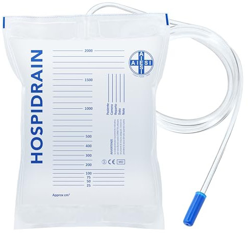 AIESI® Sacche per urina da letto 2 litri con tubo 90 cm senza rubinetto di scarico HOSPIDRAIN (Confezione da 50 pezzi)
