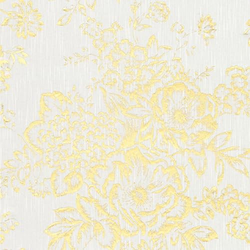 Barock tapet Profhome 306571-GU textiltapet strukturerad med blommönster glänsande guld vit 5,33 m2