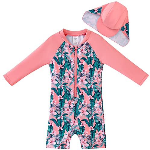 UMELOK Baby Badeanzug mit Sonnenhut UV Schutz Badebekleidung Tropische Pflanze, rosa 12-18 Monate/80-86cm