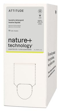 ATTITUDE Laundry Detergent with Essential Oils, EWG Verified, Plant and Mineral-Based Ingredients, Vegan, He, Geranium and Lemongrass, 80 Loads, Bulk Refill, 2 Liters