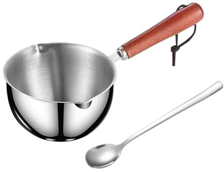 Edelstahl Stielkasserolle mit Holzgriff, 300ml Milchtopf mit Edelstahl Schaufel, Gleichmäßig Erhitzt Schmelztiegel, Edelstahl-Heißölpfanne, Mehrzweck-Flüssigheizkessel(Silber)