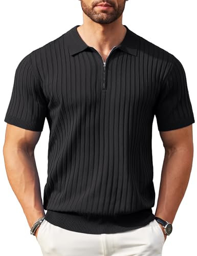 COOFANDY Herren-Poloshirt mit Reißverschluss, kurzärmelig, gerippt, modisch, lässig, Golf-Shirts, Schwarz, Mittel