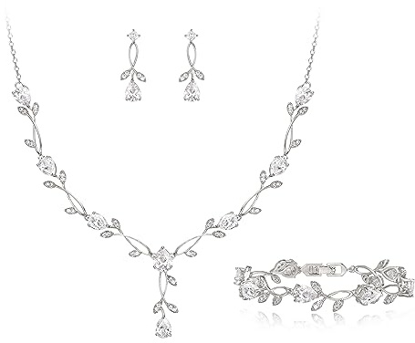 EVER FAITH Set di gioielli da sposa per damigella d'onore Teardrop Cubic Zirconia foglia di vite prom collana orecchini pendenti set bracciale donna, cubica