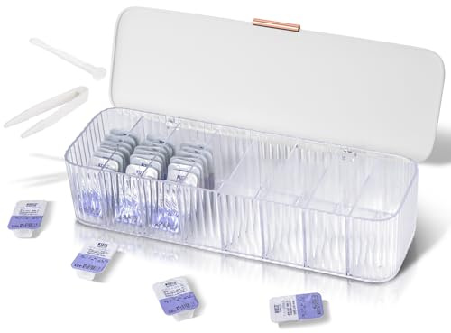 VORDRASSIL P-80 - Organizer giornaliero per lenti a contatto con dispositivo di rimozione e pinzette, dispenser usa e getta, scatola di plastica trasparente per tutte le marche (bianco)