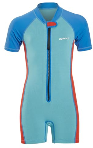 Sporti Kids Full Wetsuits - Seaskin Wetsuit for Boys Girls - Neoprene Thermal Swimsuits for Swim Practice - Short Sleeve Thermal Swimsuit - UPF 50 Minnow Short Sleeve - Splash Blue/Tomato Red - 2T