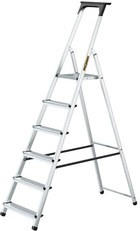 Drabest – Escalera doméstica – Escalera de Mano – 6 peldaños – Altura de Trabajo 3,19 m – Escalera de Mano Plegable de Aluminio, Carga máx. 125kg – con Plataforma de 25 x 26cm, Patas Antideslizantes