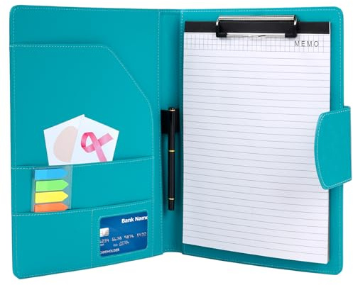 Agoer Klemmbrett A4 Schreibmappe Klemmbrettmappe PU-Leder, Konferenzmappe DIN-A4 mit Magnetverschluss, Schreibbrett Klemmbrettmappe inklusive A4 Notizblock Dokumentenfächern und Stift - Türkis