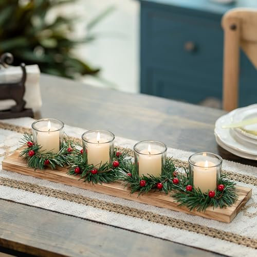 Romadedi Adventskranz Länglich künstlich Holz: Adventsdeko mit 4 Weihnachtskranz Kerzenständer für Kerzen Adventsgesteck Tischdeko Weihnachtsdeko Modern Kerzentablett für Wohnzimmer Decor, 42cm