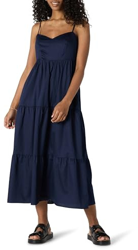 Amazon Essentials Robe Longue Ajustée et Évasée en Satin de Coton, Col en Cœur et Taille Empire Femme, Bleu Marine, L