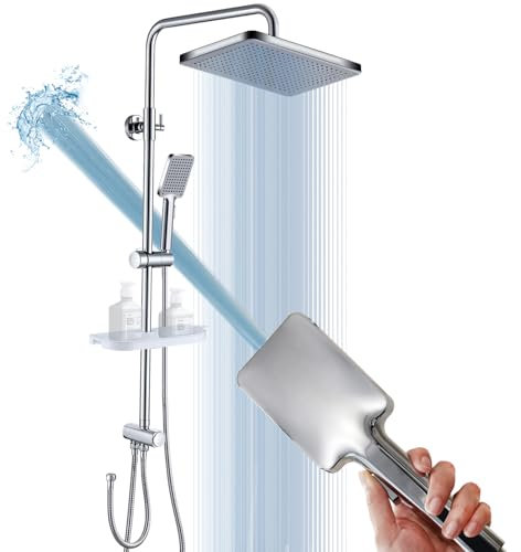GAOZHI Colonna Doccia Senza Miscelatore in Acciaio Inox Colonna Doccia idromassaggio Set Con 30×20cm Quadrato Soffione e 2 Tipologie di Getto Doccetta Porta Ogetti Mensola Regolabili Asta Doccia