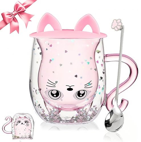 Gåvor för kvinnor kattgåvor dubbelväggigt glas kaffe lattemugg söta saker kattmugg gåvor till henne julstrumpfyllning, födelsedag, alla hjärtans dag, halloween presenter för kvinnor, barn, mamma,