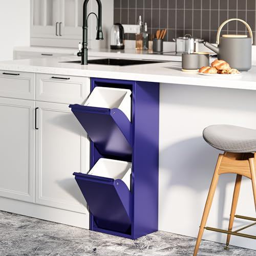 [en.casa] Mülltrennsystem Sollentuna Mülleimer 2 Fächer Küche 2 x 14 L Abfalleimer Müllschrank schmal 93 x 33 x 25 cm Metall Nachtblau