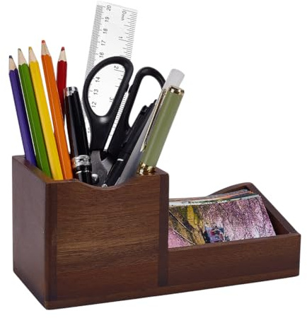 FINGERINSPIRE Scatola Porta Biglietti da Visita in Legno 184x79x81mm Organizer da Scrivania Color Cocco con Portapenne Porta Biglietti da Visita di Alta Qualità per Ufficio Reception e Ufficio a Casa