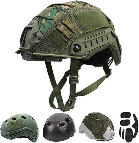 Tactique Airsoft Paintball Casque Rapide + Couverture De Casque, PJ Type Tactique Multifonctionnel Protecteur NVG Monture pour Les Sports De Plein Air De Chasse De Tir (Noir)