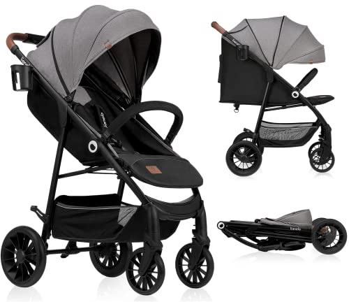 LIONELO Zoey Kinderwagen Buggy bis zu 15 kg, XXL-Verdeck mit Sonnenschutz, Liegeposition, Fußstützenverstellung, EVA Schaumstoffräder, Moskitonetz, zusammenklappbar Grau
